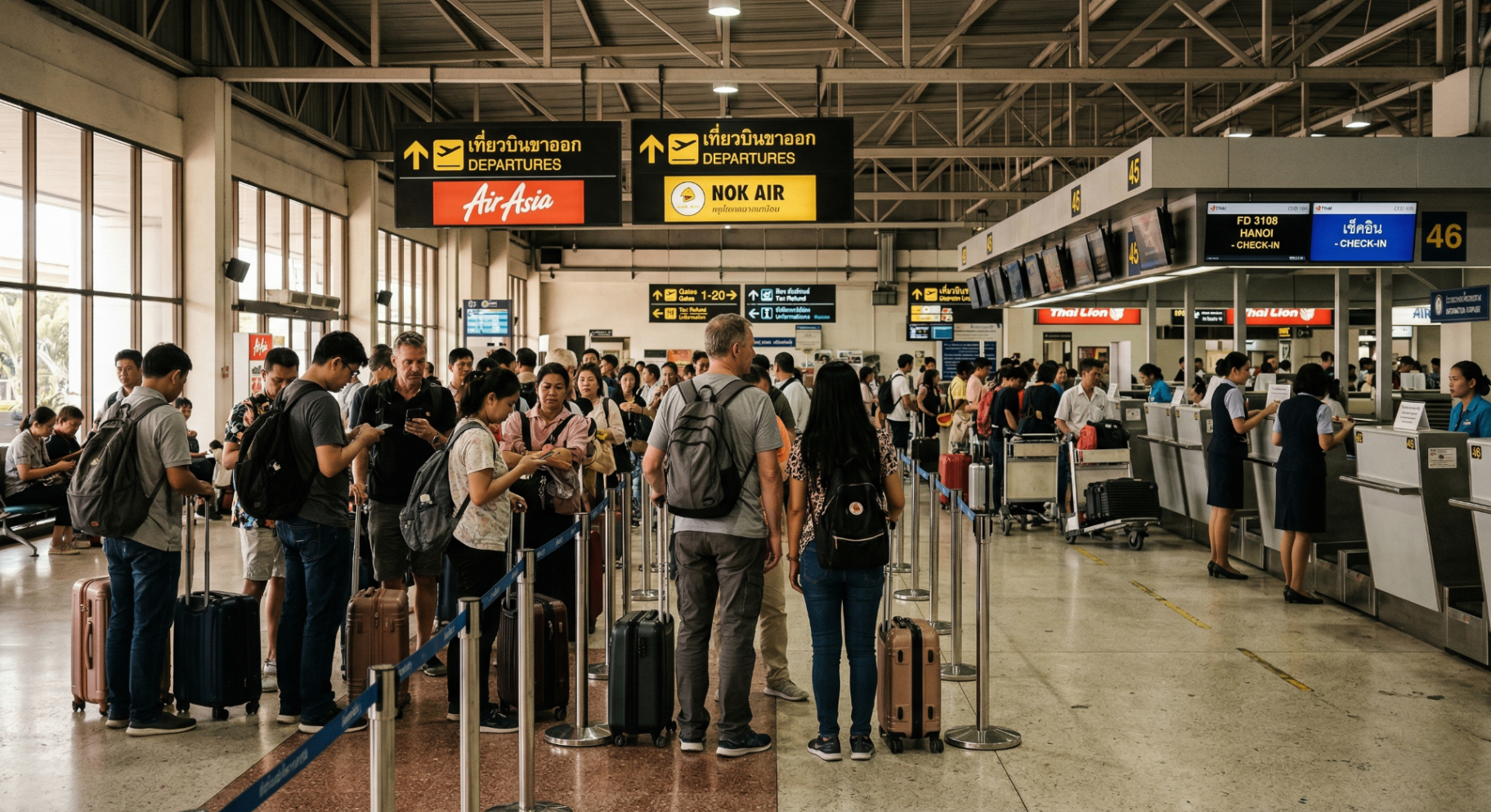 Thailand airport immigration hall with digital kiosks and travelers
