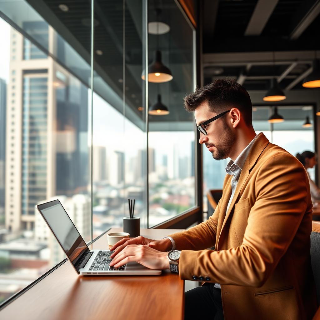 Professional working in modern Thai café